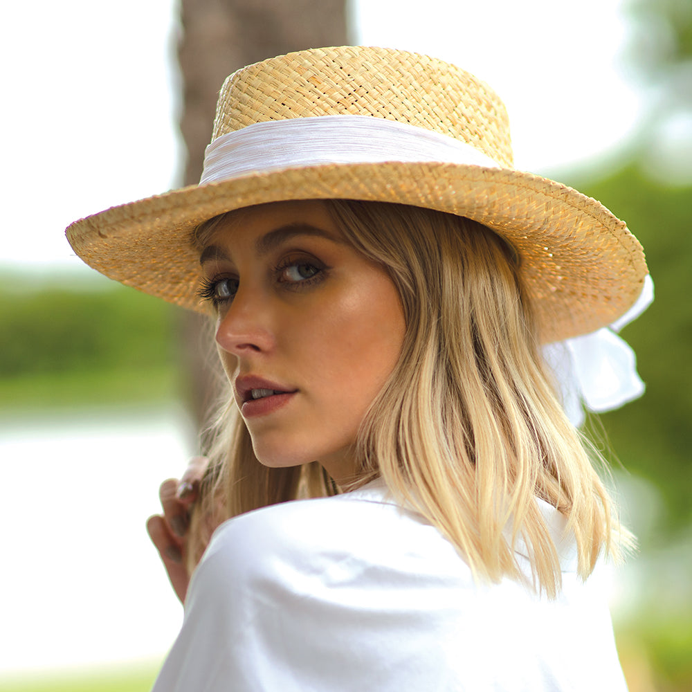 Chapeau Gambler avec Nœud Porquerolles en Raphia naturel et blanc SCALA