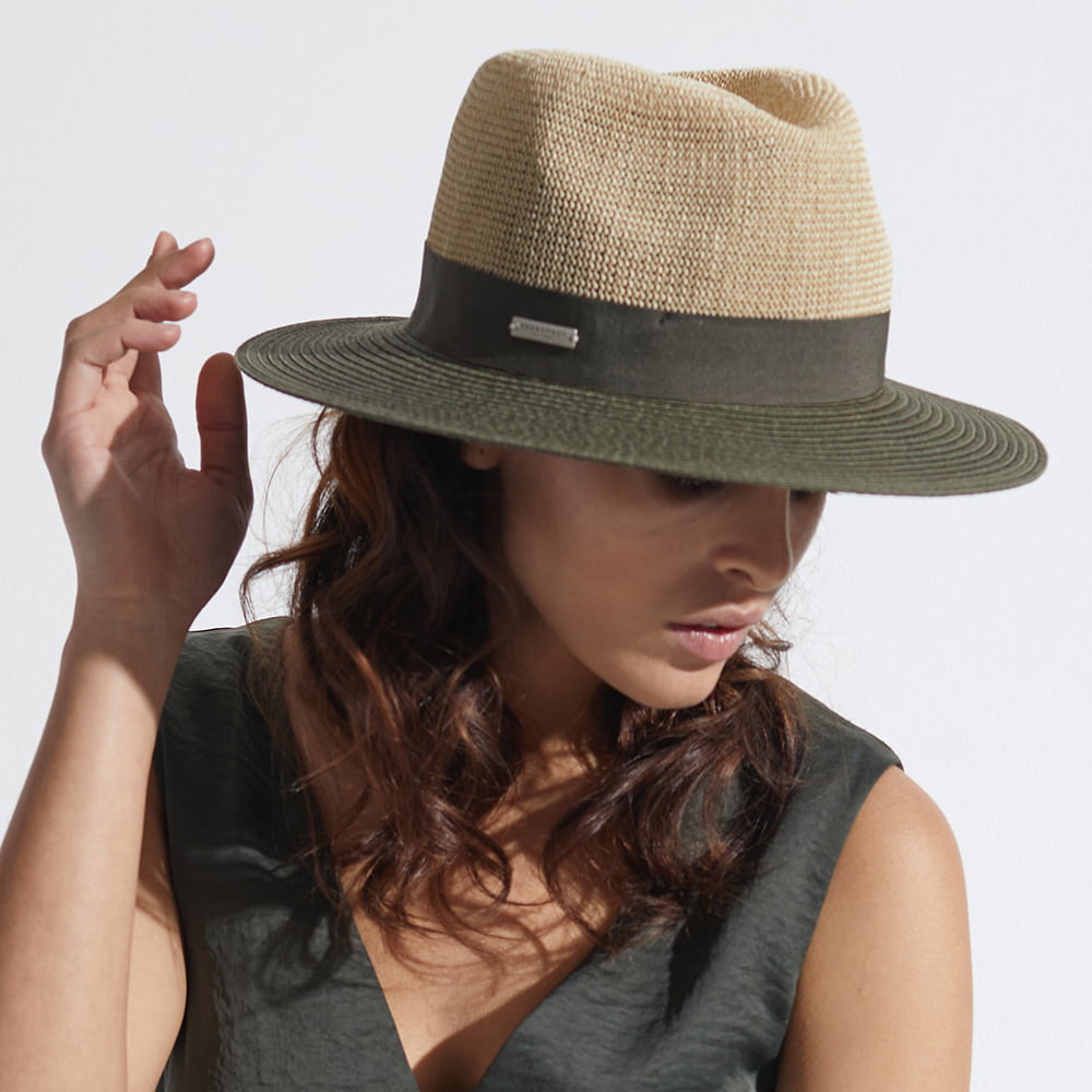 Chapeau Fedora en Paille Toyo Bicolore naturel-olive SEEBERGER