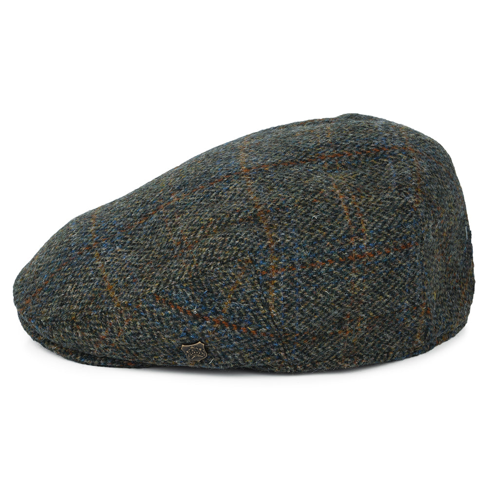 Casquette Plate en HARRIS TWEED à carreaux et Chevrons Stornoway olive-bleu-rouille FAILSWORTH
