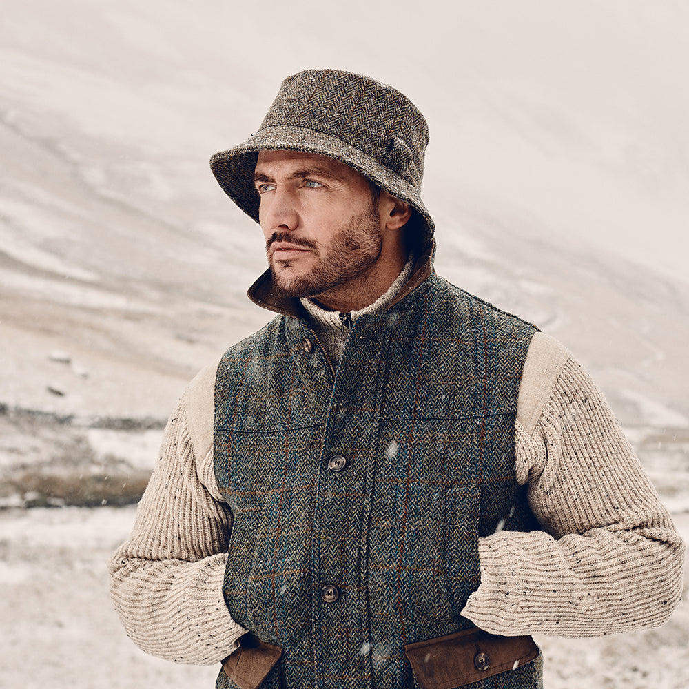 Chapeau Bob en HARRIS TWEED Grouse olive-bleu FAILSWORTH