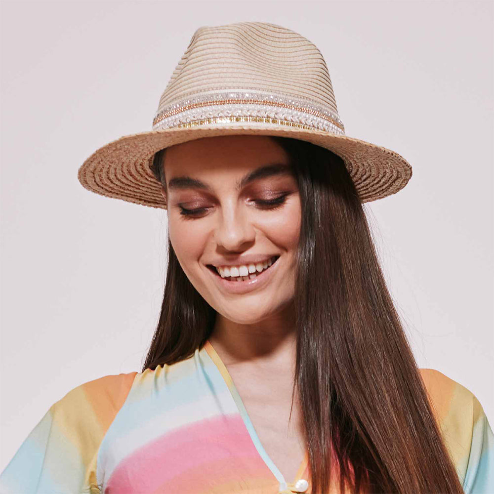 Chapeau Fedora en Paille Toyo avec Bandeau à Sequins naturel-marron clair SEEBERGER