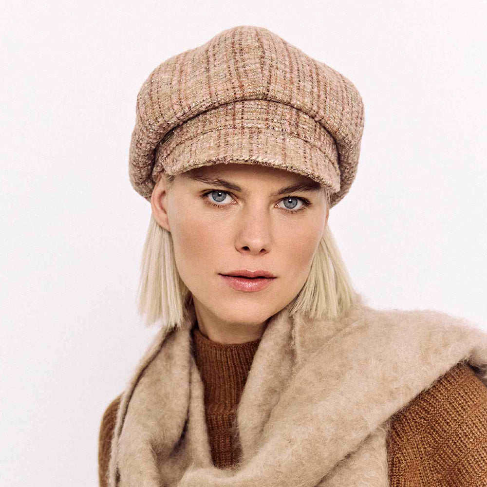 Casquette Gavroche en Tweed camel-rose SEEBERGER