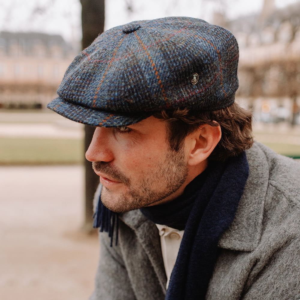 Casquette Gavroche en HARRIS TWEED Le Curieux bleu marine-rouille CITY SPORT