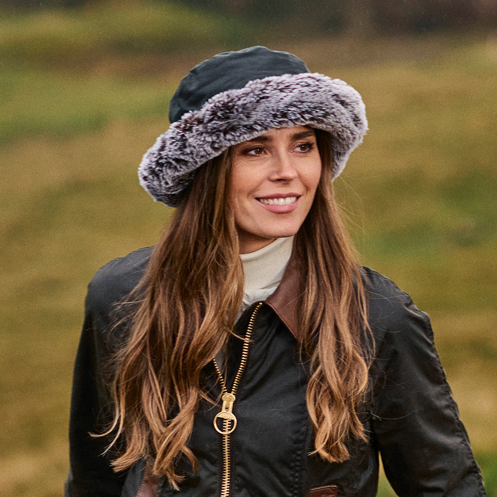 Chapeau Bob en Coton Ciré Rebord en Fausse Fourrure noir FAILSWORTH