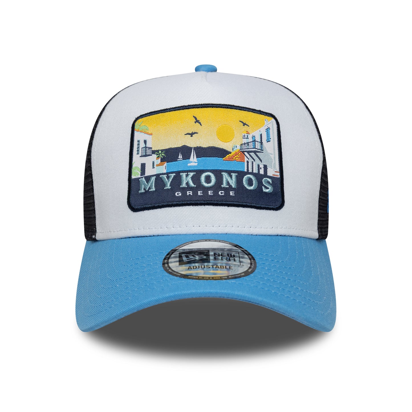 Casquette Trucker A-Frame Location Patch Mykonos bleu ciel-bleu marine NEW ERA