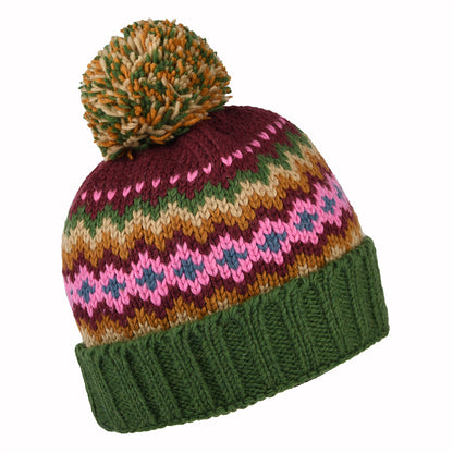 Bonnet à Pompon et à Revers Fair Isle vert-violet-moutarde KUSAN