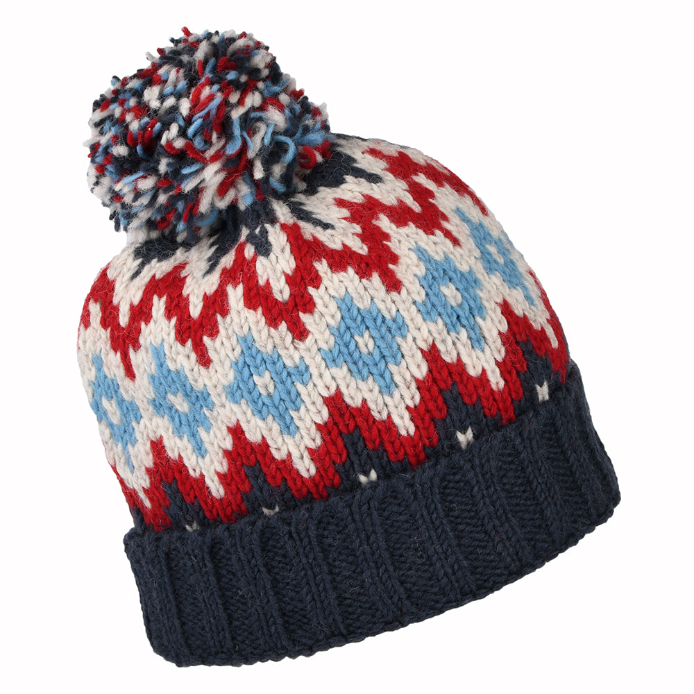 Bonnet à Pompon et à Revers Losanges bleu marine-rouge-crème KUSAN