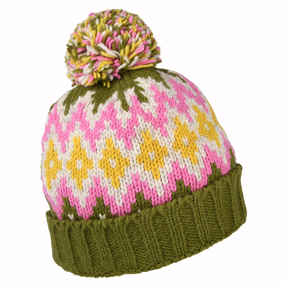 Bonnet à Pompon et à Revers Losanges olive-rose-jaune KUSAN