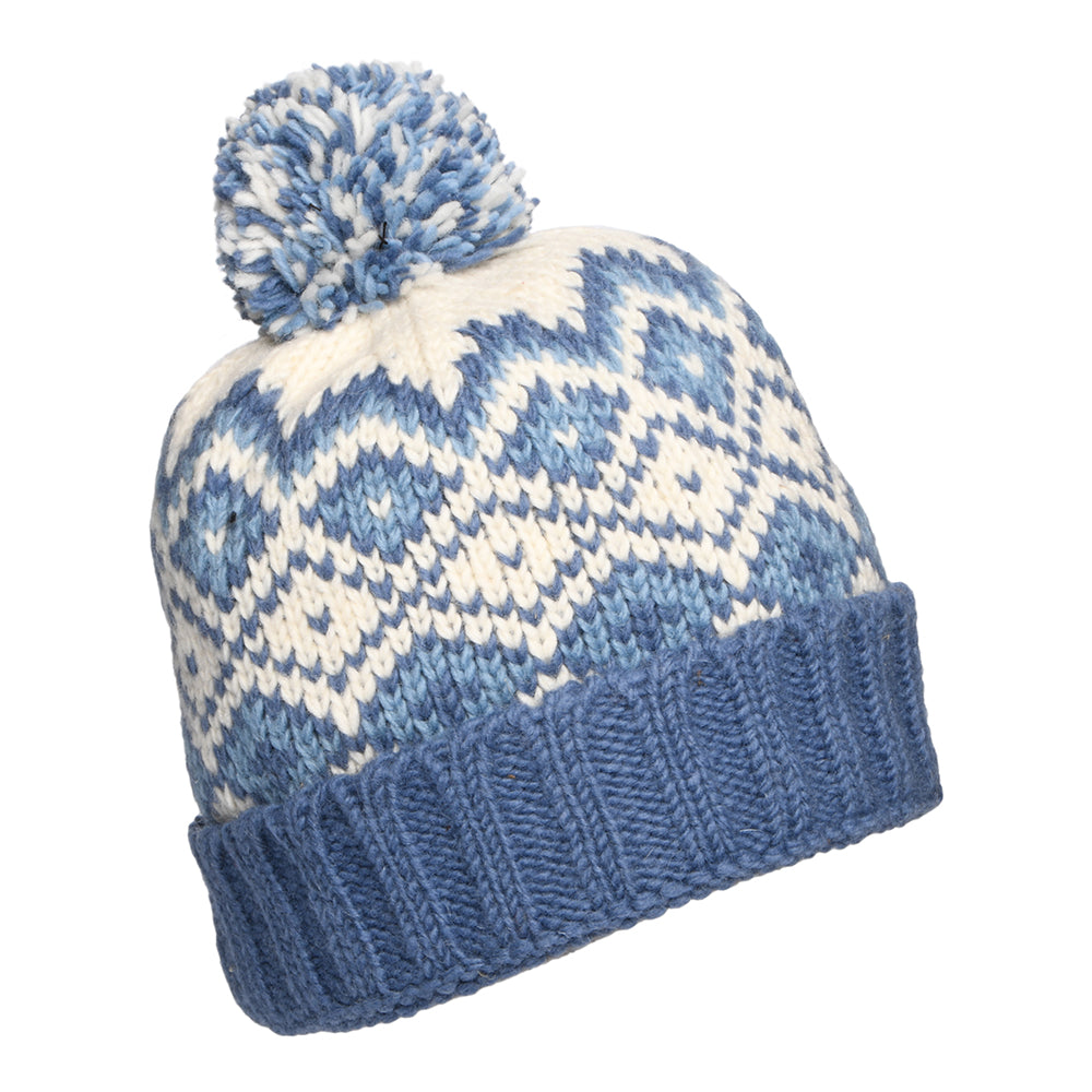 Bonnet à Pompon et à Revers Losanges bleu-crème KUSAN