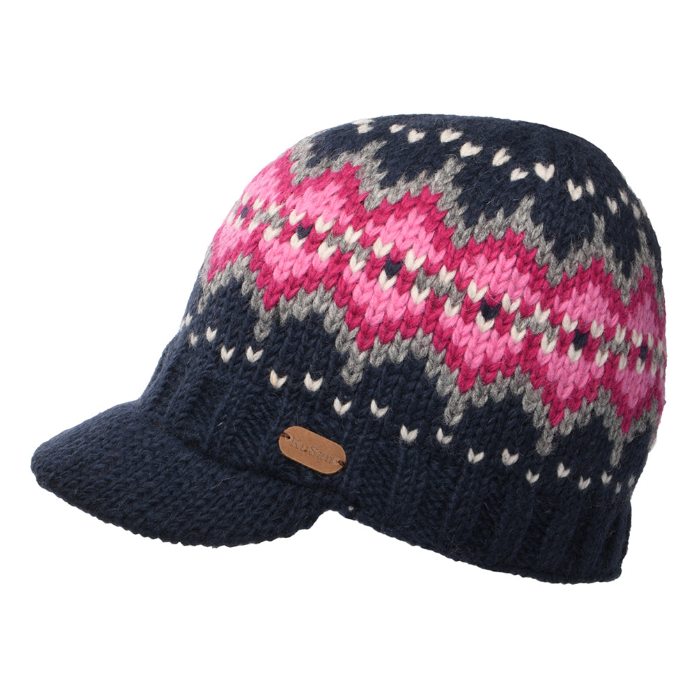 Bonnet à Visière Fair Isle Brooklyn bleu marine-rose KUSAN