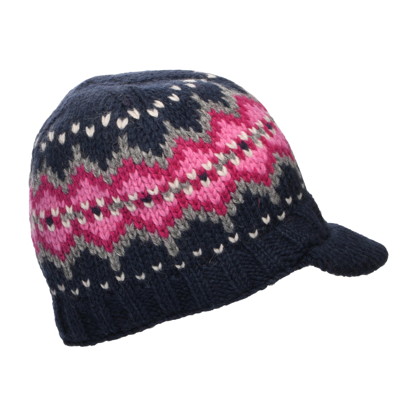 Bonnet à Visière Fair Isle Brooklyn bleu marine-rose KUSAN