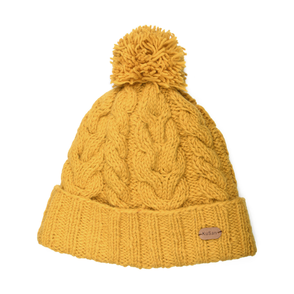 Bonnet à Pompon à Torsades à Revers moutarde KUSAN