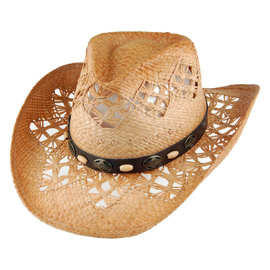 Chapeau de Cowboy en Raphia Annie Oakley naturel SUR LA TÊTE