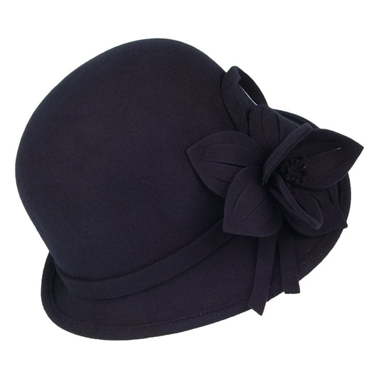 Chapeau Cloche en Laine Feutrée avec Fleur bleu marine FAILSWORTH