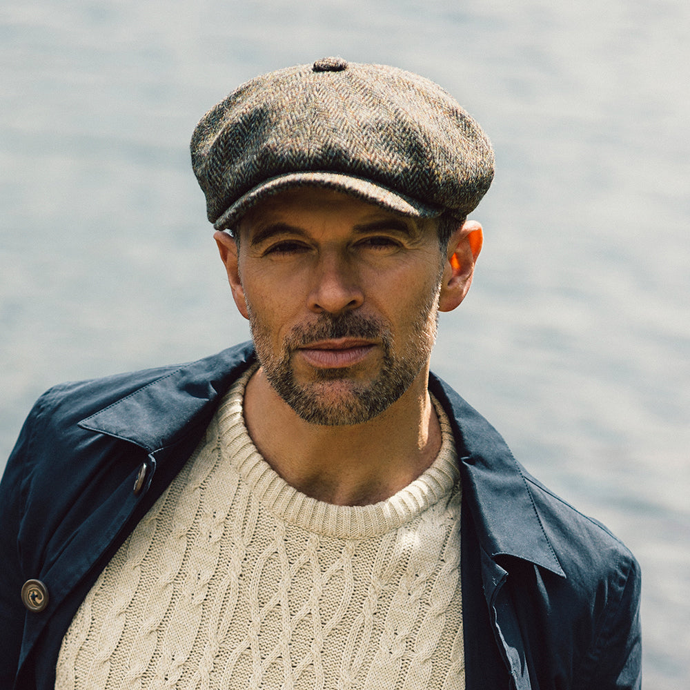 Casquette Gavroche en HARRIS TWEED à Chevrons Carloway vert-bleu FAILSWORTH