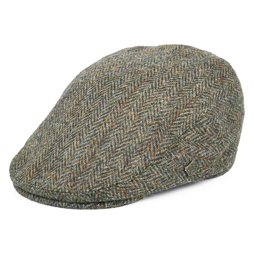 Casquette Plate en HARRIS TWEED à carreaux et Chevrons Stornoway vert-bleu FAILSWORTH