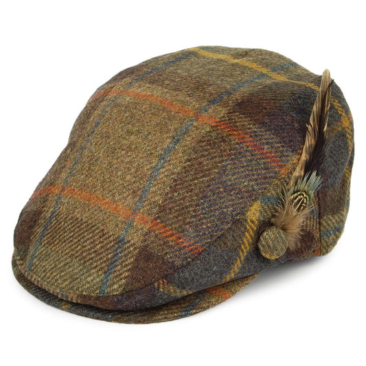 Casquette Plate en Laine Britannique Tartan avec Plume olive mélangé FAILSWORTH