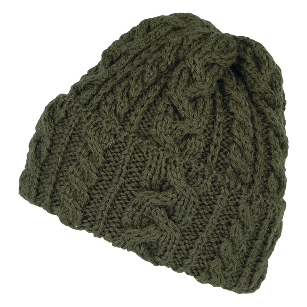 Bonnet en Laine Anglaise à Torsades et Revers olive HIGHLAND 2000