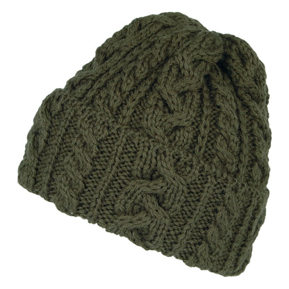 Bonnet en Laine Anglaise à Torsades et Revers olive HIGHLAND 2000
