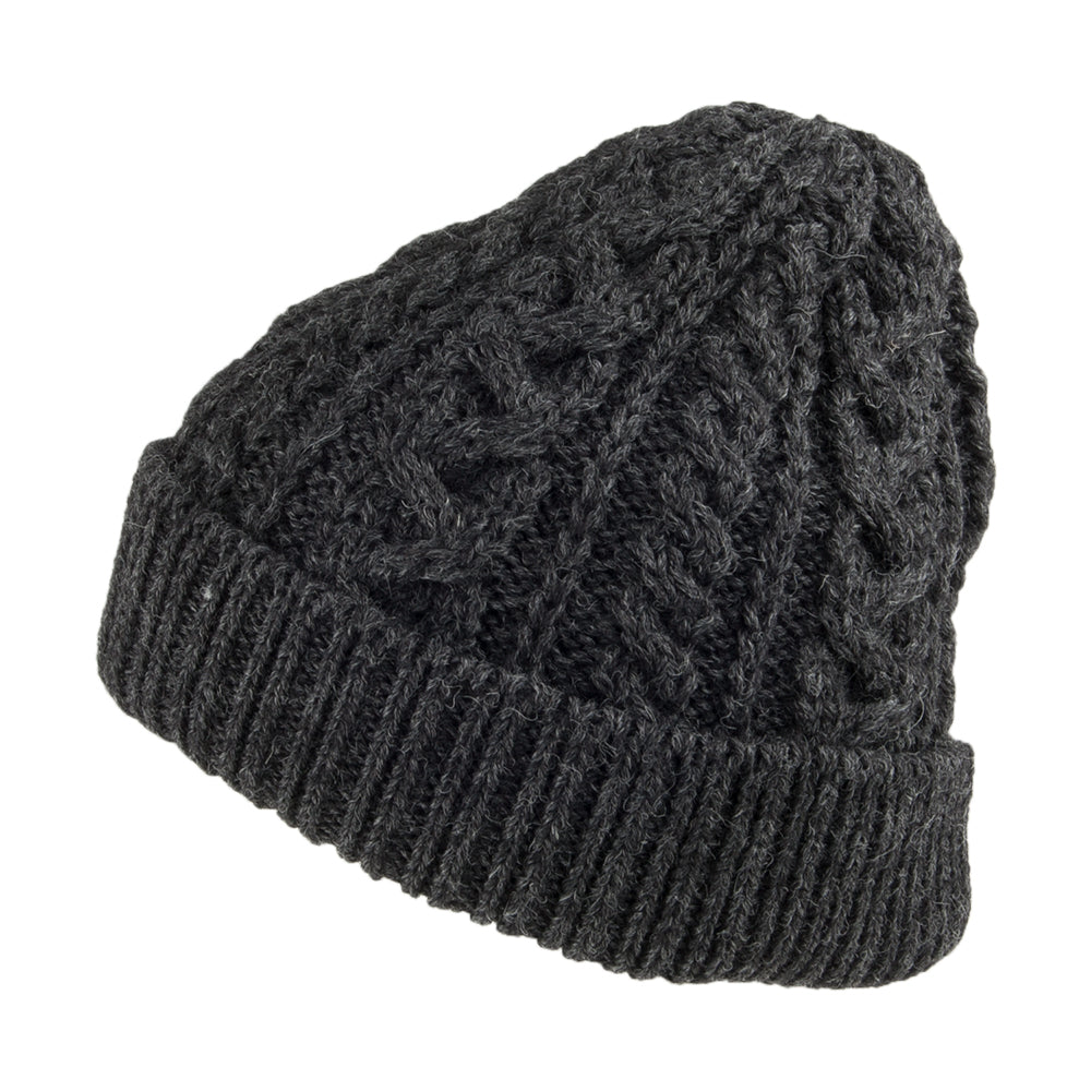 Bonnet en Laine Anglaise à Torsades et Revers anthracite HIGHLAND 2000