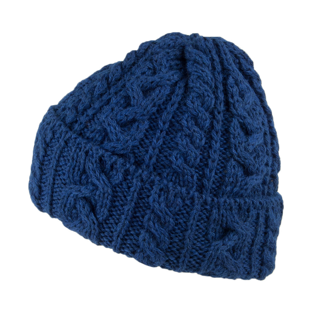 Bonnet en Laine Anglaise à Torsades et Revers bleu HIGHLAND 2000