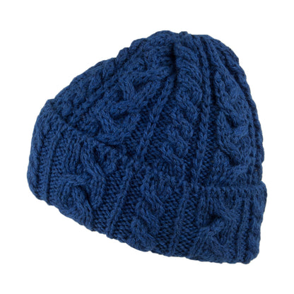Bonnet en Laine Anglaise à Torsades et Revers bleu HIGHLAND 2000