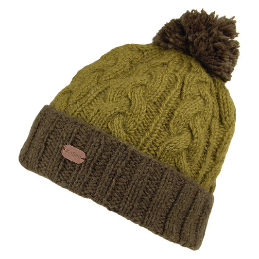 Bonnet à Pompon et Torsades Bicolore Turn Up olive-vert KUSAN