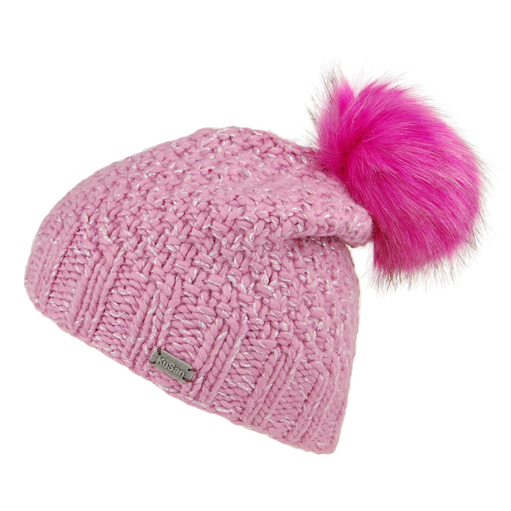 Bonnet à Pompon en Laine Point de Riz rose KUSAN