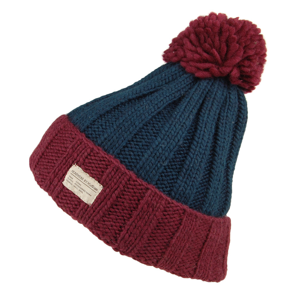 Bonnet à Pompon Côtelé Turn Up bordeaux-bleu sarcelle KUSAN