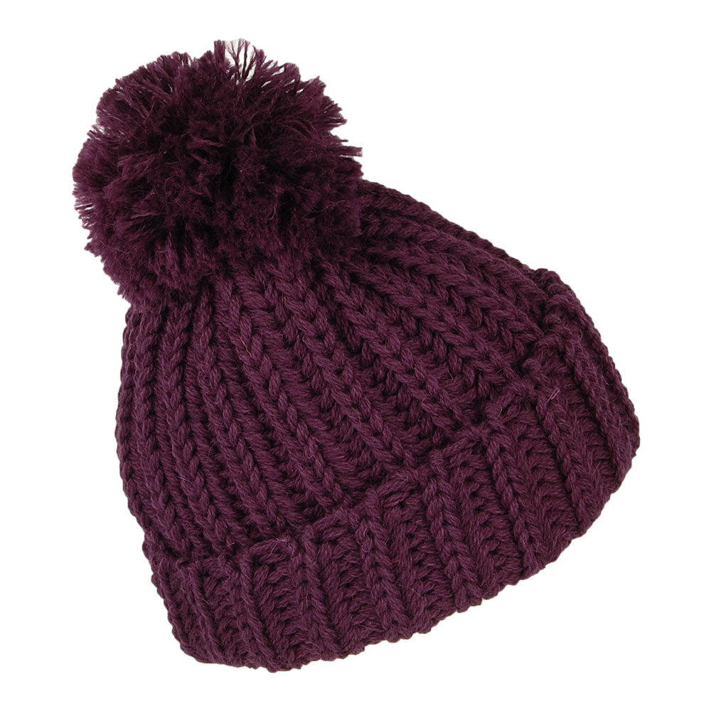 Bonnet à Pompon et Revers en Laine Anglaise Grosse Maille prune HIGHLAND 2000