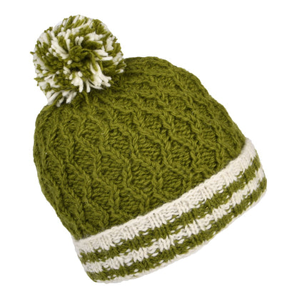 Bonnet à Pompon Maille Losange et Revers à Rayures olive KUSAN