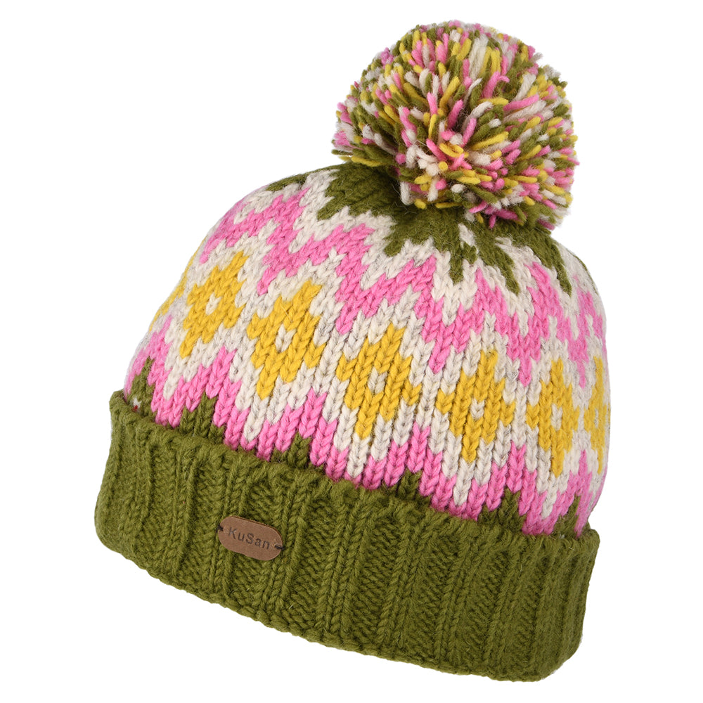 Bonnet à Pompon et à Revers Losanges olive-rose-jaune KUSAN